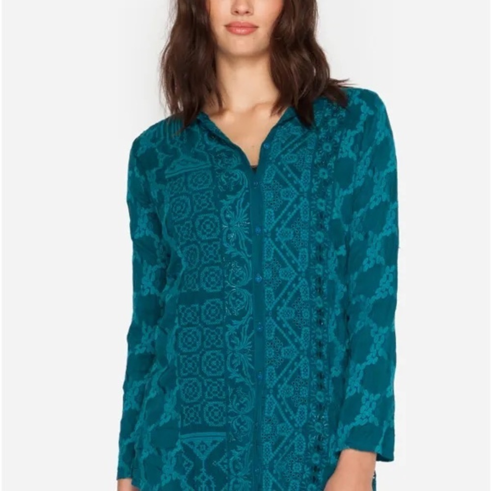 JOHNNY WAS Teal Eyelet Back Button Front Long Sleeve Blouse Size XS